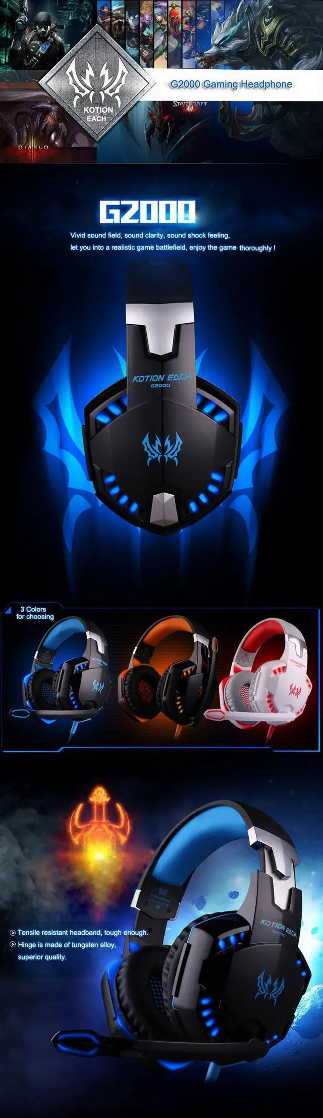 Alt view image 7 of 7 - KOTION EACH G2000 Over-ear Game Gaming Headphone Headset Earphone Headband with Mic Stereo Bass LED Light for PC Game