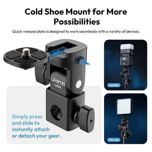 Alt view image 5 of 7 - Deuninker LA04 Light Stand Mount Adapter with 1/4 Screw, Quick Release Mounting Plate for Camera Monitor Ring Light, Fits Flat Head Light Stand/Boom arm/C Stand, 180° Tilt Max. Load 6.6lb/3kg