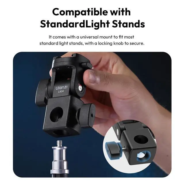 Alt view image 7 of 7 - Deuninker LA04 Light Stand Mount Adapter with 1/4 Screw, Quick Release Mounting Plate for Camera Monitor Ring Light, Fits Flat Head Light Stand/Boom arm/C Stand, 180° Tilt Max. Load 6.6lb/3kg