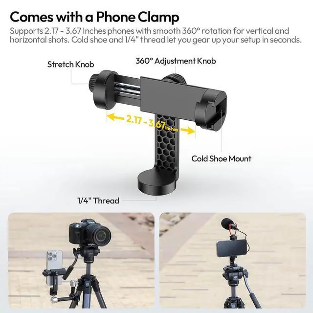 Alt view image 6 of 7 - DeuninkerOmbra Xiang Camera Video Tripod w Fluid Head, 61.5" Travel Tripod w 360° Rotated Arca Quick Release Plate, Portable Stand for Phone Camera Vlogging Video Shooting with Carry Bag Phone Clamp