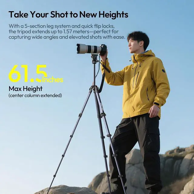 Alt view image 2 of 7 - DeuninkerOmbra Xiang Camera Video Tripod w Fluid Head, 61.5" Travel Tripod w 360° Rotated Arca Quick Release Plate, Portable Stand for Phone Camera Vlogging Video Shooting with Carry Bag Phone Clamp