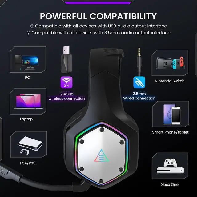 Alt view image 14 of 14 - EKSA Wireless Gaming Headset, 2.4GHz USB Gaming Headphones with Microphone for PC, PS5, PS4, Nintendo Switch, 7.1 Surround Sound Gaming Headset, RGB Light, Ergonomic Design, 3.5mm Wired for Xbox Serie