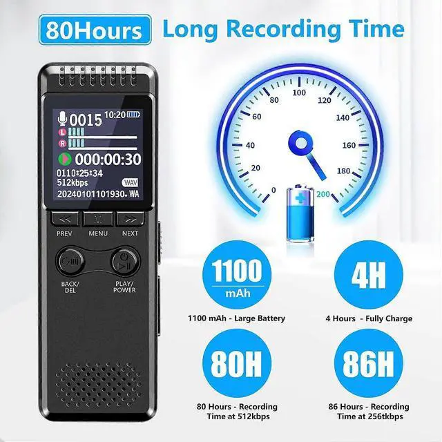 Alt view image 2 of 5 - Deuninker Vivaniir 64GB Voice Activated Recorder with 80H Battery, Playback & Noise Reduction for Lectures/Meetings - Black