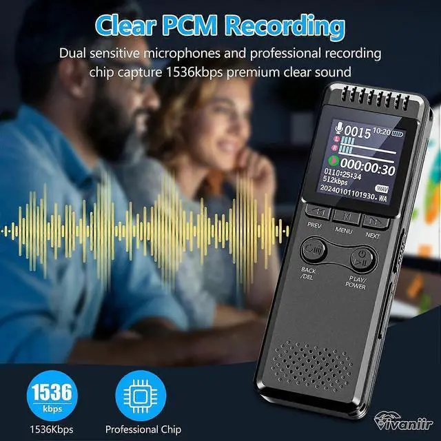 Alt view image 3 of 5 - Deuninker Vivaniir 64GB Voice Activated Recorder with 80H Battery, Playback & Noise Reduction for Lectures/Meetings - Black