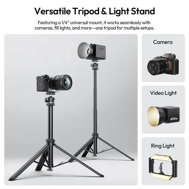 Alt view image 3 of 7 - Deuninker MT93 Universal 1/4" Light Stand Camera Tripod w Auto-Open w UKA Quick-Release, 63" Portable Adjustable Ball Head Tripod for Cameras/Video Light/Phone/Outdoor Photo, Up Load 6.61lb, w Bag