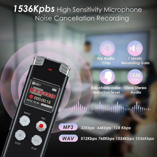 Alt view image 2 of 5 - Deuninker 64GB Digital Voice Recorder with Voice Activation - Noise Cancelling Mic for Lectures & Meetings