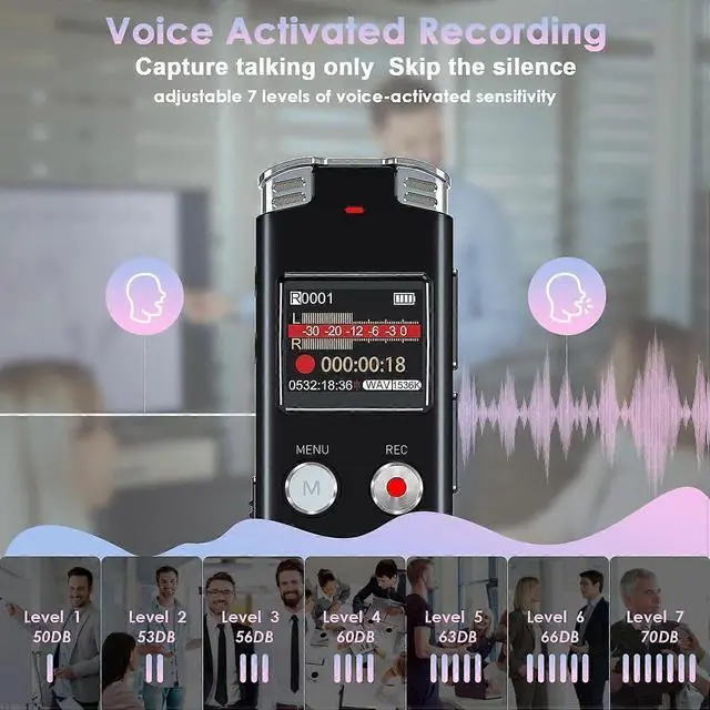 Alt view image 4 of 5 - Deuninker 64GB Digital Voice Recorder with Voice Activation - Noise Cancelling Mic for Lectures & Meetings