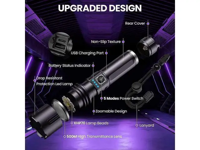Alt view image 4 of 5 - Ecocleanpath 1500 Lumen Rechargeable Tactical Flashlight, XHP70.2 LED, Magnetic Wristband, IPX6 Waterproof for Camping & Emergencies