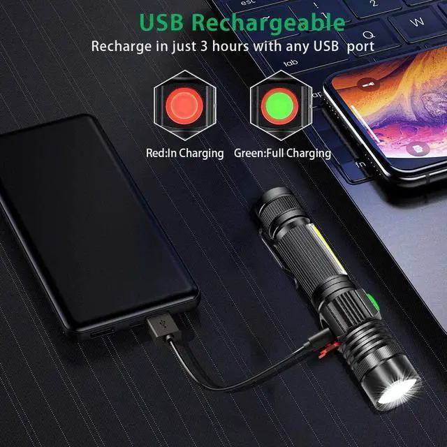 Alt view image 6 of 7 - LED Rechargeable Flashlight Super Bright USB Rechargeable Flashlight Magnetic Flashlight with COB Flashlight Water Resistant Zoomable LED Tactical Flashlight for Camping