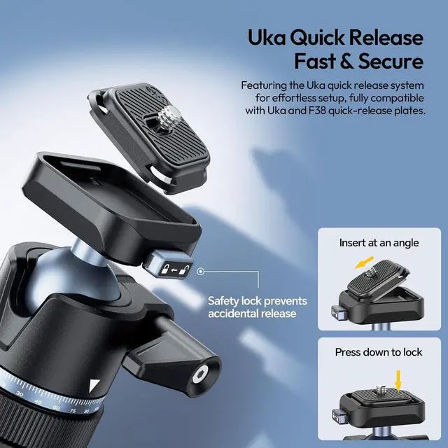Alt view image 5 of 7 - Deuninker MT93 Universal 1/4" Light Stand Camera Tripod w Auto-Open w UKA Quick-Release, 63" Portable Adjustable Ball Head Tripod for Cameras/Video Light/Phone/Outdoor Photo, Up Load 6.61lb, w Bag