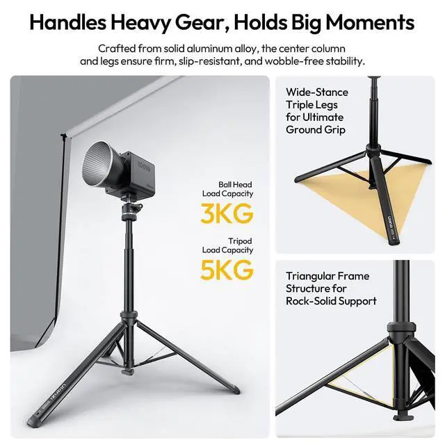 Alt view image 4 of 7 - Deuninker MT93 Universal 1/4" Light Stand Camera Tripod w Auto-Open w UKA Quick-Release, 63" Portable Adjustable Ball Head Tripod for Cameras/Video Light/Phone/Outdoor Photo, Up Load 6.61lb, w Bag