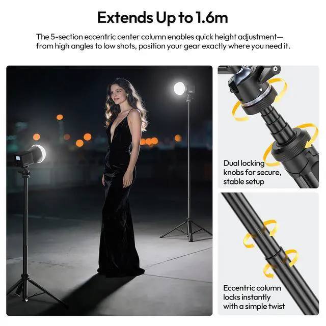 Alt view image 6 of 7 - Deuninker MT93 Universal 1/4" Light Stand Camera Tripod w Auto-Open w UKA Quick-Release, 63" Portable Adjustable Ball Head Tripod for Cameras/Video Light/Phone/Outdoor Photo, Up Load 6.61lb, w Bag
