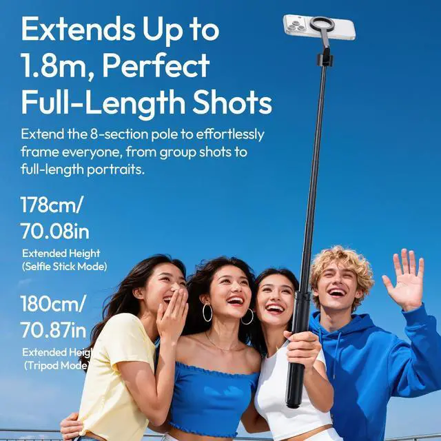 Alt view image 5 of 7 - Deuninker Magnetic Phone Tripod-71'' Auto Open Selfie Stick Features Lift to Fold, Extendable Selfie Stick w Remote Cell Phone Tripod Stand for Live Recording Vlog for iPhone 17 16 15 14 Series Black