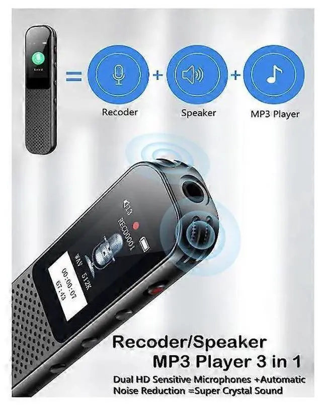 Alt view image 4 of 5 - Deuninker Digital Voice Recorder with MP3 Player, 64GB, HD Noise Reduction & Voice Activation (Black)