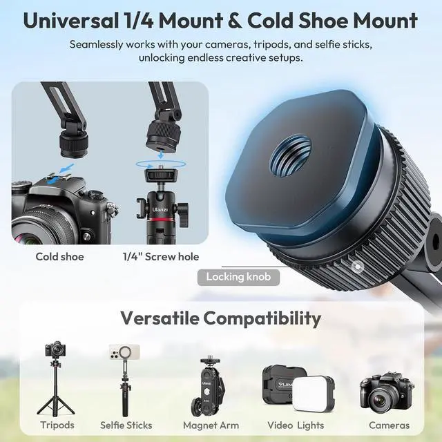 Alt view image 3 of 7 - Deuninker Ungraded Magnetic Phone Tripod Mount for MagSafe, Aluminum Camera Phone Holder with 1/4" Screw & Cold Shoe,Carabiner Design, Compatible with iPhone 17/16/15/14/13/12 Series