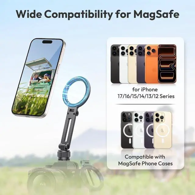 Alt view image 4 of 7 - Deuninker Ungraded Magnetic Phone Tripod Mount for MagSafe, Aluminum Camera Phone Holder with 1/4" Screw & Cold Shoe,Carabiner Design, Compatible with iPhone 17/16/15/14/13/12 Series