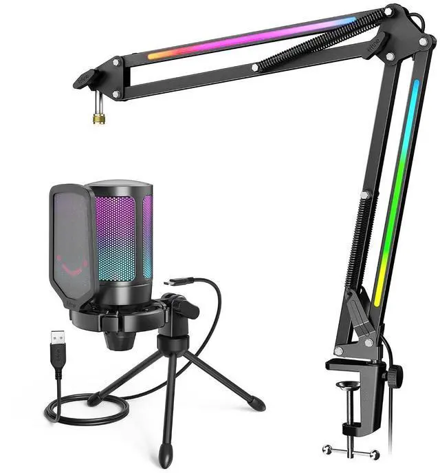 Main image of Deuninker USB Gaming Microphone Bundle, Condenser PC Mic with RGB Control, Boom Arm Stand, Gain Knob, Mute Button, Metal Boom Arm with 3/8 to 5/8 Adapter for Streaming YouTube Video (A6V+BM38)
