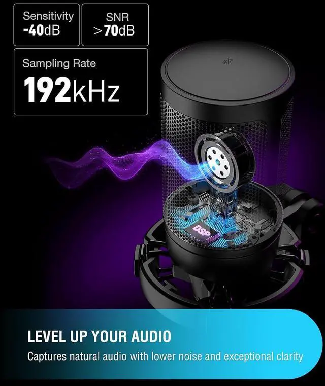 Alt view image 2 of 7 - Deuninker USB Gaming Microphone Bundle, Condenser PC Mic with RGB Control, Boom Arm Stand, Gain Knob, Mute Button, Metal Boom Arm with 3/8 to 5/8 Adapter for Streaming YouTube Video (A6V+BM38)