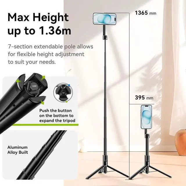 Alt view image 4 of 7 - Deuninker 54'' Magnetic Selfie Stick Tripod Pro, All-in-One Phone Tripod w Magnetic Phone Holder & Detachable Wireless Remote, C/W Magsafe, for iPhone 16 15 14 13 12 Series & Android Phones (Black)