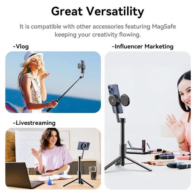 Alt view image 6 of 7 - Deuninker 54'' Magnetic Selfie Stick Tripod Pro, All-in-One Phone Tripod w Magnetic Phone Holder & Detachable Wireless Remote, C/W Magsafe, for iPhone 16 15 14 13 12 Series & Android Phones (Black)