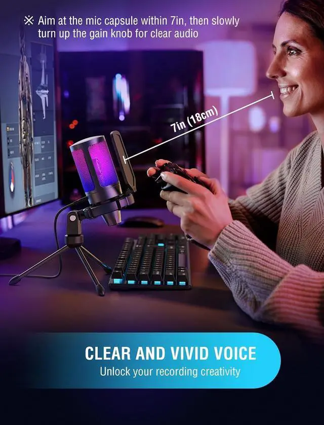 Alt view image 5 of 7 - Deuninker USB Gaming Microphone Bundle, Condenser PC Mic with RGB Control, Boom Arm Stand, Gain Knob, Mute Button, Metal Boom Arm with 3/8 to 5/8 Adapter for Streaming YouTube Video (A6V+BM38)