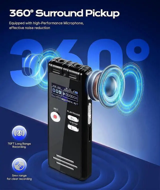 Alt view image 3 of 5 - Deuninker 128GB Digital Voice Recorder with Noise Cancellation, One-Touch Recording & Type-C Fast Charge (Black)