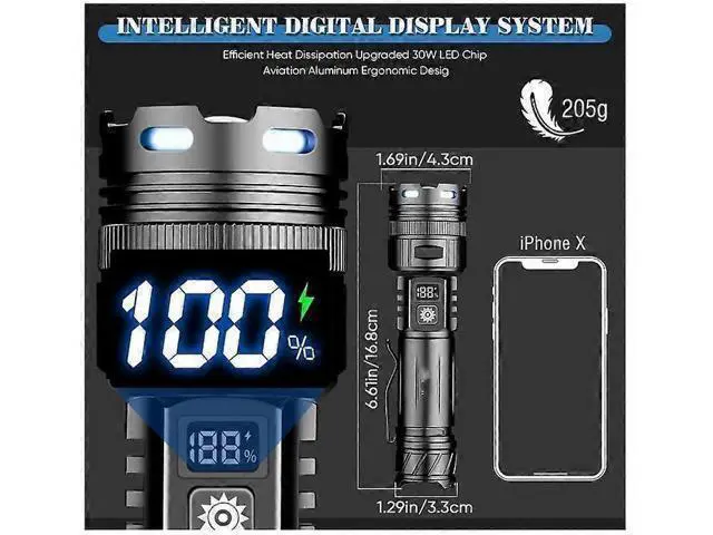 Alt view image 3 of 5 - Ecocleanpath 1000000 Lumen Rechargeable LED Flashlight, Super Bright with LCD Display & USB-C Charging, IP65 Waterproof Tactical Light (Black)
