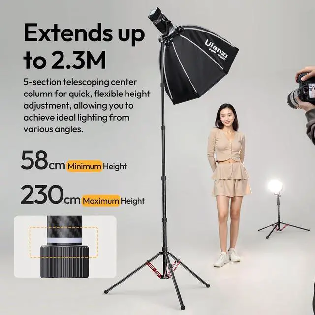 Alt view image 3 of 7 - Deuninker Light Stand Carbon Fiber T230, Adjustable Tripod Stand for Photography, 230cm/99.55inch Studio Sturdy Tripod for Speedlight Flash Softbox Strobe Light Camera with Carrying Bag