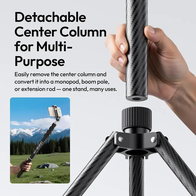 Alt view image 5 of 7 - Deuninker Light Stand Carbon Fiber T230, Adjustable Tripod Stand for Photography, 230cm/99.55inch Studio Sturdy Tripod for Speedlight Flash Softbox Strobe Light Camera with Carrying Bag