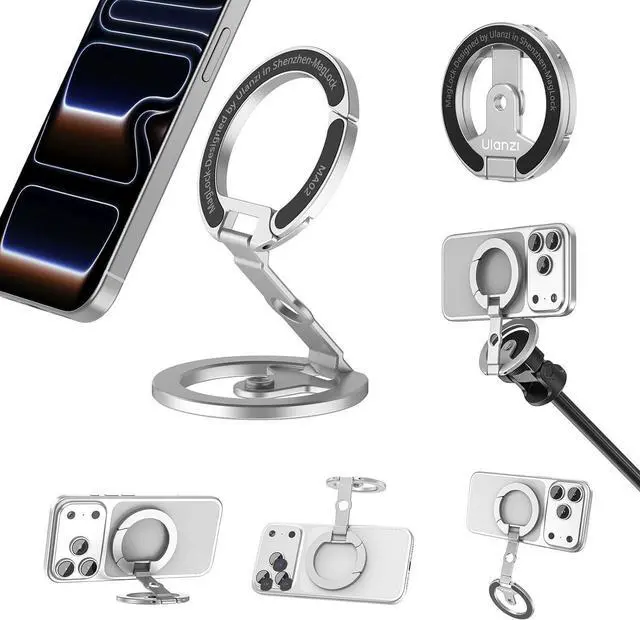 Main image of Deuninker MA02 Dual Magnetic Ring Phone Grip Stand, Aluminum for MagSafe Gym Kickstand Compatible with iPhone 17-12 Series, Foldable Phone Tripod Mount with 1/4" Screw for Live Streaming Vlog, Silver