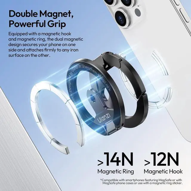 Alt view image 2 of 7 - Deuninker MA02 Dual Magnetic Ring Phone Grip Stand, Aluminum for MagSafe Gym Kickstand Compatible with iPhone 17-12 Series, Foldable Phone Tripod Mount with 1/4" Screw for Live Streaming Vlog, Silver