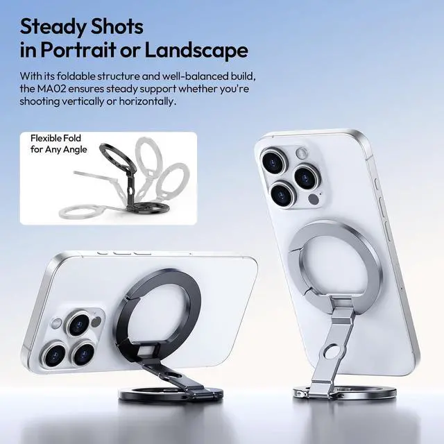 Alt view image 4 of 7 - Deuninker MA02 Dual Magnetic Ring Phone Grip Stand, Aluminum for MagSafe Gym Kickstand Compatible with iPhone 17-12 Series, Foldable Phone Tripod Mount with 1/4" Screw for Live Streaming Vlog, Silver