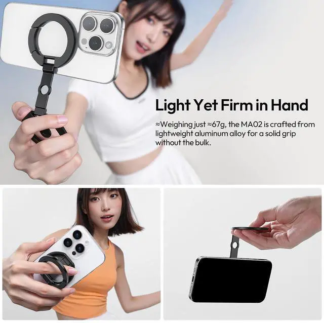 Alt view image 3 of 7 - Deuninker MA02 Dual Magnetic Ring Phone Grip Stand, Aluminum for MagSafe Gym Kickstand Compatible with iPhone 17-12 Series, Foldable Phone Tripod Mount with 1/4" Screw for Live Streaming Vlog, Silver
