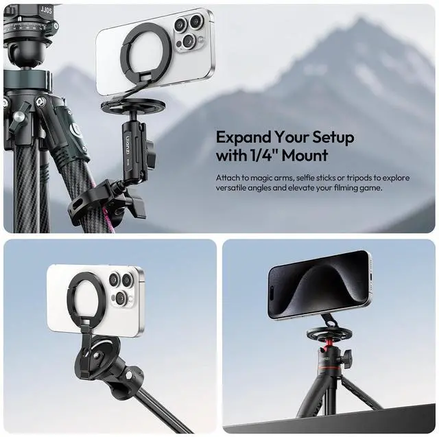 Alt view image 6 of 7 - Deuninker MA02 Dual Magnetic Ring Phone Grip Stand, Aluminum for MagSafe Gym Kickstand Compatible with iPhone 17-12 Series, Foldable Phone Tripod Mount with 1/4" Screw for Live Streaming Vlog, Silver