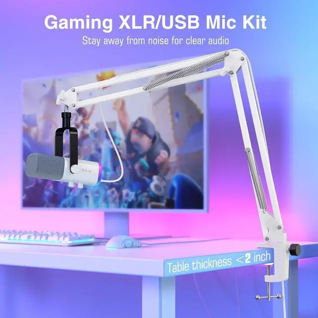 Alt view image 2 of 7 - Deuninker Gaming XLR/USB Microphone Kit, Streaming Dynamic Mic Set for PC, Computer Mic for Vocal Podcast Recording Voiceover, with Headphones Jack, Gain Knob, Arm Stand-AmpliGame AM8T White