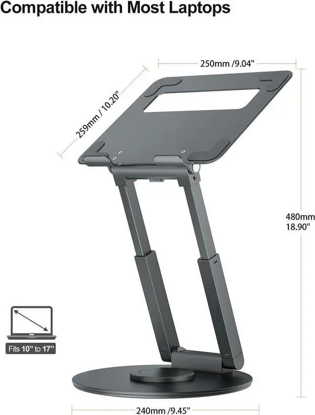 Alt view image 11 of 14 - Telescopic Laptop Stand for Desk with 360° Swivel Base Sit to Stand Height Adjustable Portable Riser Holder for Good Posture Compatible with MacBook Pro All Laptops 10-17-Gray