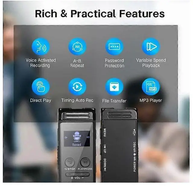 Alt view image 5 of 5 - Deuninker 64GB Digital Voice Recorder with Password, MP3 Player & Voice Activation - Black