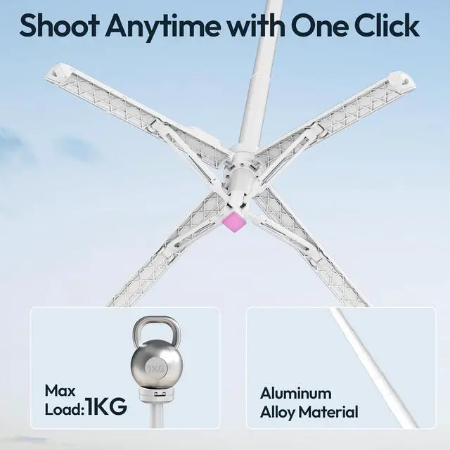 Alt view image 3 of 7 - Deuninker Automatic Phone Tripod, MT85 Auto-Open Tripod with Enhanced 4-Leg, 60'' Selfie Stick Extendable Phone Stand, for Content Creation/Vlog, Compatible with iPhone 17/16/15/14/13/12, White