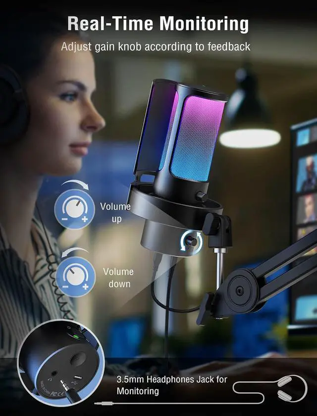 Alt view image 5 of 7 - Deuninker Gaming USB Microphone Bundle with Arm Stand, RGB Condenser Desktop Mic with 4 Polar Patterns for Streaming, Mic Boom Arm with Heavy Duty Clamp, Suspension Scissor for Voice-Over(A8Plus+CS1)
