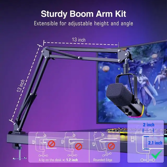 Alt view image 6 of 7 - Deuninker XLR/USB Gaming Microphone Set, Dynamic PC Mic for Streaming Podcasting, Computer RGB Mic Kit with Boom Arm Stand, Mute Button, Headphones Jack, for Recording Vocal Voice-Over-AmpliGame AM8T