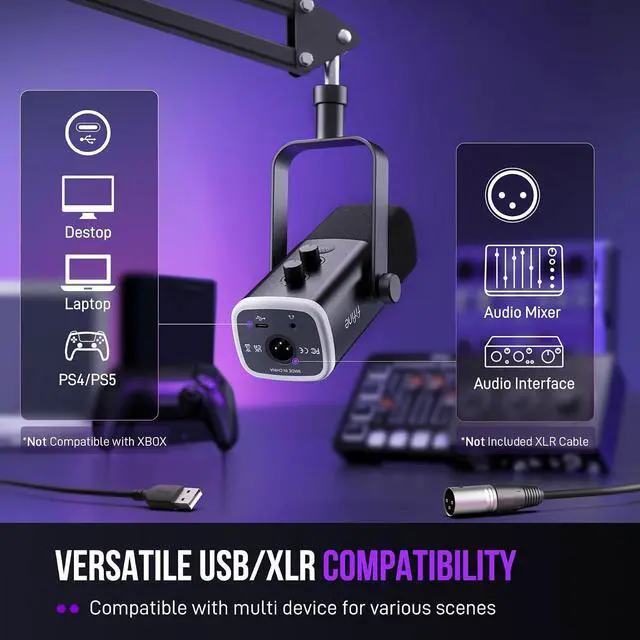Alt view image 7 of 7 - Deuninker XLR/USB Gaming Microphone Set, Dynamic PC Mic for Streaming Podcasting, Computer RGB Mic Kit with Boom Arm Stand, Mute Button, Headphones Jack, for Recording Vocal Voice-Over-AmpliGame AM8T