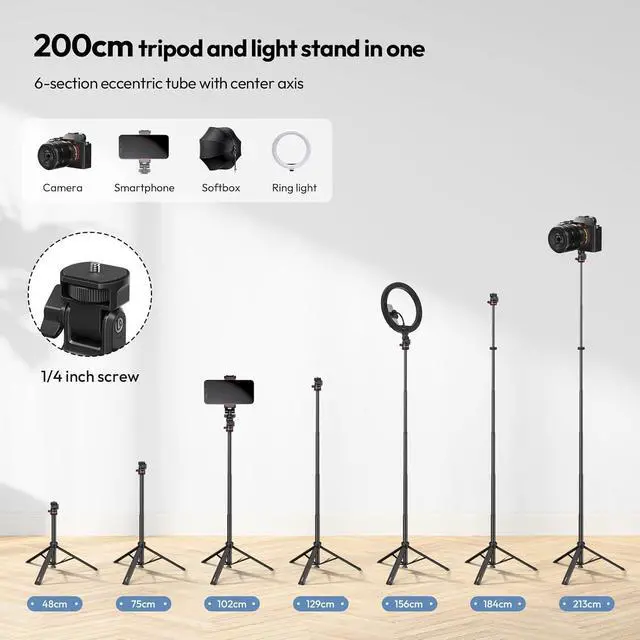 Alt view image 3 of 7 - Deuninker MT-80 7FT Aluminum Tripod Stand, Auto Pop-Up Legs Camera Phone Tripod, 360° Ball Head, 1/4" Screw, Extendable Light Stand for DSLR Camera, Ring Light, Video Rig, Travel Photography