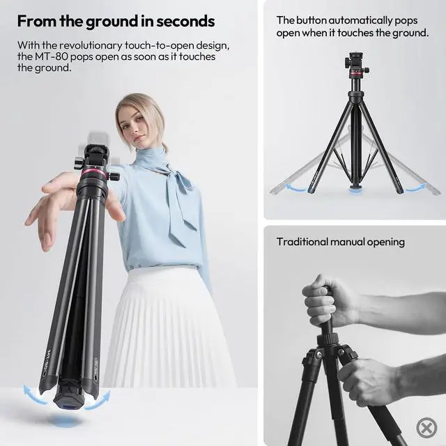 Alt view image 2 of 7 - Deuninker MT-80 7FT Aluminum Tripod Stand, Auto Pop-Up Legs Camera Phone Tripod, 360° Ball Head, 1/4" Screw, Extendable Light Stand for DSLR Camera, Ring Light, Video Rig, Travel Photography