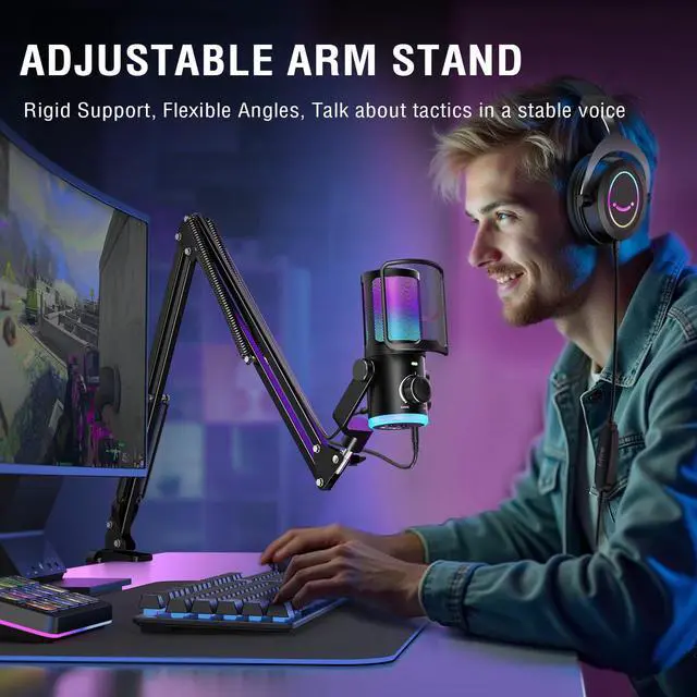 Alt view image 7 of 7 - Deuninker USB Streaming Microphone Kit for Gaming, Condenser Mic with RGB, Noise Cancellation, Game/Chat Dial-Plug & Play for PC Twitch/YouTube/Podcast, Includes Boom Arm & Pop Filter-AmpliGame AM6T