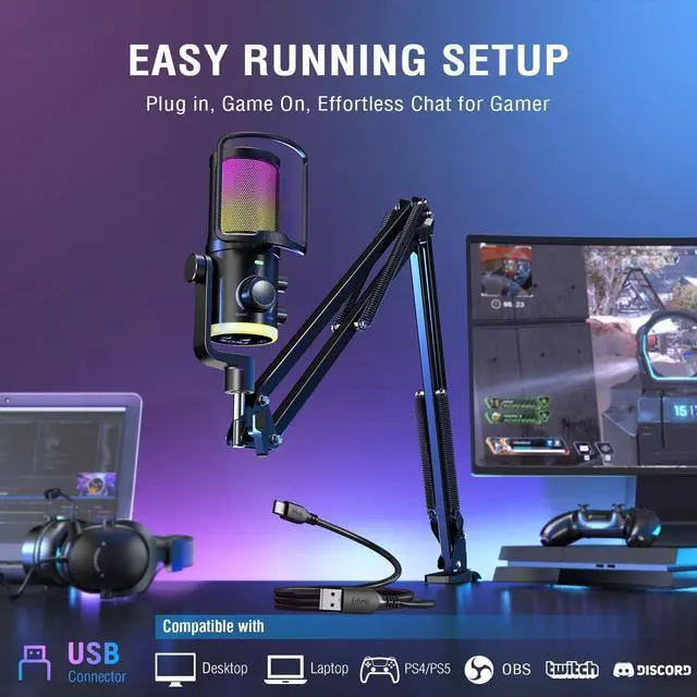 Alt view image 5 of 7 - Deuninker USB Streaming Microphone Kit for Gaming, Condenser Mic with RGB, Noise Cancellation, Game/Chat Dial-Plug & Play for PC Twitch/YouTube/Podcast, Includes Boom Arm & Pop Filter-AmpliGame AM6T