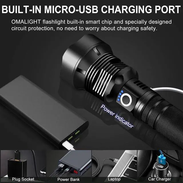 Alt view image 4 of 7 - Rechargeable 990000 High Lumens LED Flashlights XHP90.2 Super Bright Flashlight with Zoomable & 5 Modes & IPX7 Waterproof for Camping