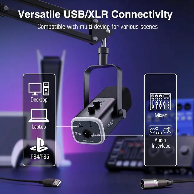 Alt view image 3 of 7 - Deuninker Dynamic Gaming Mic and Microphone Arm Stand Kit, PC Computer Streaming Mic with RGB Light, Mute Button, Suspension Boom Scissor Mic Stand Bundle for Recording, Podcast, Voice-Over (AM8+CS1)