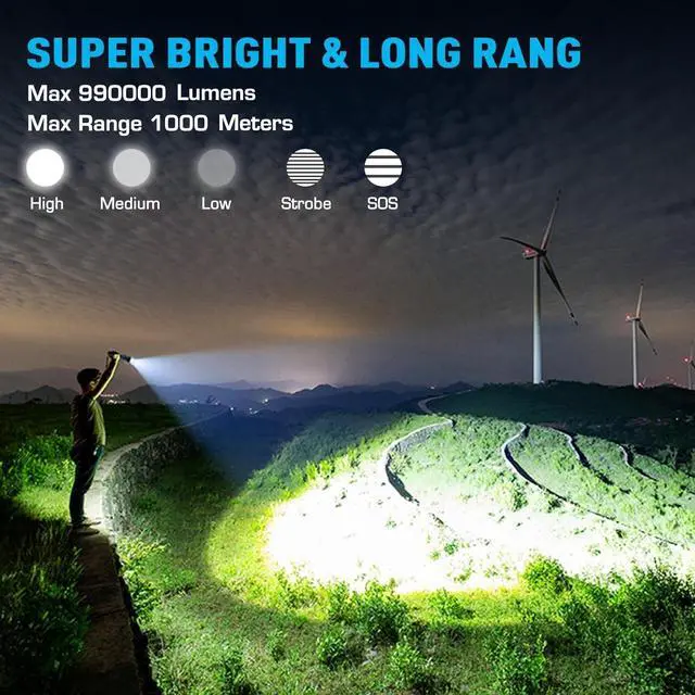 Alt view image 2 of 7 - Rechargeable Flashlights 990000 High Lumens High Power Led Flashlight XHP70.2 Powerful Tactical Flashlight with Zoomable 5 Modes IPX7 Waterproof Flashlight for Camping Hiking Emergencies