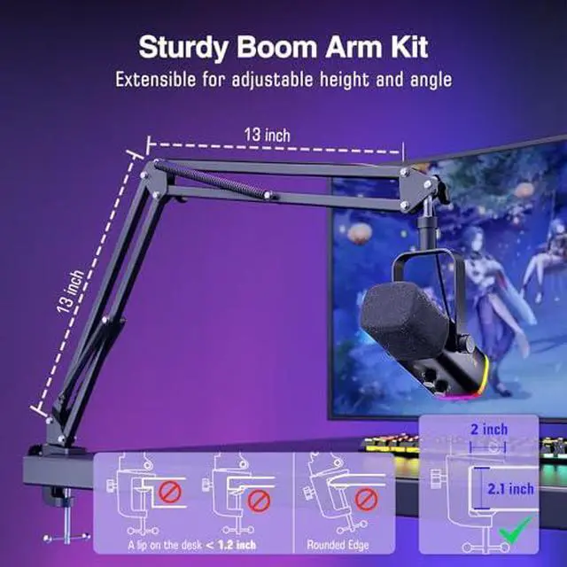 Alt view image 7 of 7 - Deuninker Dynamic Gaming Mic and Microphone Arm Stand Kit, PC Computer Streaming Mic with RGB Light, Mute Button, Suspension Boom Scissor Mic Stand Bundle for Recording, Podcast, Voice-Over (AM8+CS1)