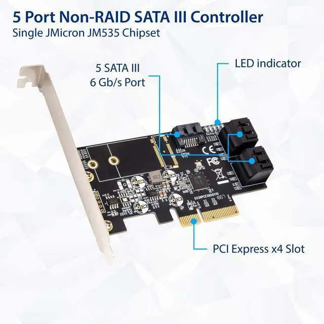 Alt view image 2 of 6 - IO CREST Internal 5 Port Non-Raid SATA III 6GB/S Pci-E X4 Controller Card for Desktop PC Support SSD and HDD with Low Profile Bracket. JMB585 Chipset SI-PEX40139